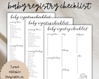 May include: Three minimalist baby registry checklists on white paper. The checklists are organized by category, including nursery/decor, sleep, and baby gear. The text "minimal essential baby registry checklist" is at the top.
