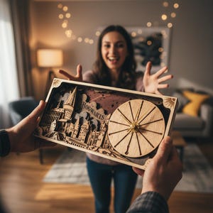 May include: A rectangular wooden wall clock featuring a layered, laser-cut depiction of Hogwarts castle. The design includes the text Hogwarts, a dark background with star cutouts, and a circular clock face with thin, radiating wooden lines.