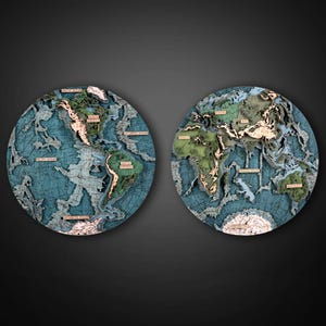 The World in Hemispheres 3D Holz Karte • Einzigartige Wandkunst • Elegante & Detaillierte Wohnkultur • Perfektes Geschenk