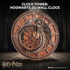 May include: A circular 3D wall clock titled CLOCK TOWER: HOGWARTS 3D WALL CLOCK, featuring intricate wooden layers, Roman numerals, gear motifs, and celestial patterns. The design includes a central compass-like element and black clock hands.