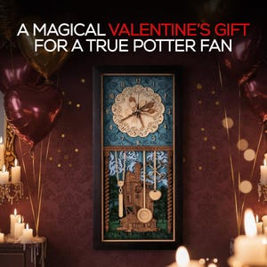 May include: A framed wall clock with a wooden face and a detailed illustration. The clock face has a floral design with Roman numerals. The bottom section features a detailed illustration of a building. The text reads: A MAGICAL VALENTINE'S GIFT FOR A TRUE POTTER FAN.