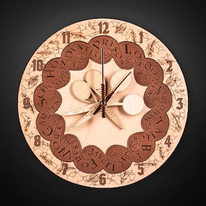 Puede incluir: Un reloj de madera redondo con detalles cortados con l&aacute;ser. La esfera del reloj presenta un fondo de madera clara con n&uacute;meros y texto marr&oacute;n oscuro, incluyendo "SCHOOL" y "DENTIST". Las manecillas del reloj tienen forma de tijeras y otras herramientas.