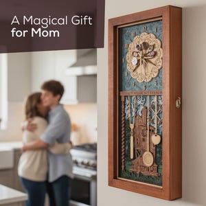 May include: Wooden wall clock with a detailed, layered design. The clock face features a floral pattern and Roman numerals. The clock is encased in a brown wooden frame. Text on the clock reads "It's not much, but it's hon". The text "A Magical Gift for Mom" is also visible.