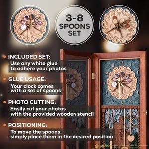 Puede incluir: Un reloj de madera con temática de Harry Potter. La esfera del reloj presenta un diseño circular con fondo azul y detalles dorados. Las manecillas del reloj están hechas de cucharas y se pueden mover para mostrar diferentes fotos. El reloj está en un marco de madera con un frente de vidrio. La esfera del reloj dice "No es mucho, pero es nuestro hogar".