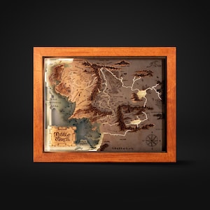 Middle Earth 3D Map With Lighting - Lord of the Rings wooden 5th anniversary gift - Tolkien map with wall lamp