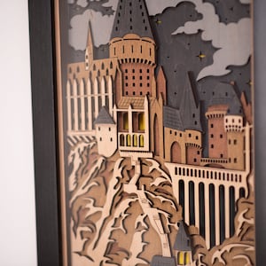 Può includere: Un modello 3D in legno del castello di Hogwarts, una scuola di magia e stregoneria immaginaria, con una cornice nera. Il castello è dettagliato con finestre, torri e un ponte. Lo sfondo è un cielo blu scuro con stelle.