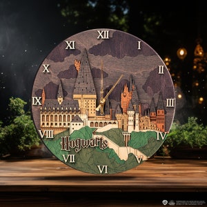 May include: A wooden clock featuring a detailed, layered design of Hogwarts castle. The clock face is surrounded by Roman numerals and the words "Hogwarts" are printed below the castle.