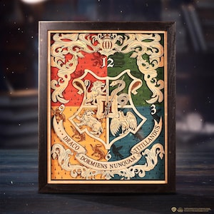 May include: A wooden framed wall art featuring the Hogwarts crest. The crest is made of layered wood and features the four Hogwarts houses: Gryffindor, Hufflepuff, Slytherin, and Ravenclaw. The crest is surrounded by intricate wood carvings.