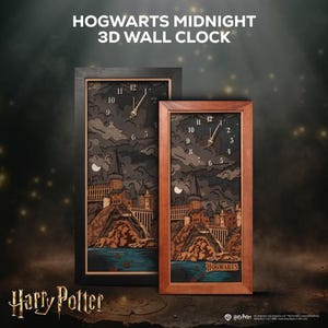 May include: Two rectangular 3D wall clocks with a Hogwarts theme. One clock has a black frame, the other a brown frame. The clock faces feature a layered design of the Hogwarts castle, with clock hands indicating the time. The text "HOGWARTS MIDNIGHT 3D WALL CLOCK" is at the top.