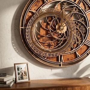 May include: A large circular wall clock featuring intricate layered wooden gears and a central compass design. The clock face displays engraved celestial patterns and constellations, with thin metallic hands pointing towards the outer frame.