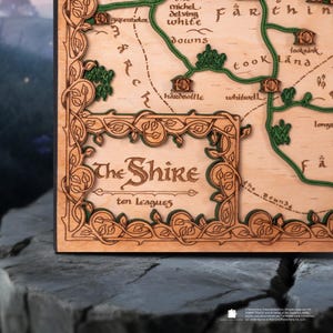 The Shire 3D Holz Poster - 3D Wandkunst Hobbitkern - Mittelerde Karte der Shire Art