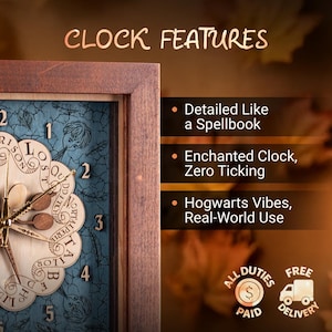 Puede incluir: Reloj de madera con esfera azul claro y diseño floral. El reloj presenta manecillas doradas y números romanos. El texto "CLOCK FEATURES" está en la parte superior, con viñetas que describen las características del reloj.