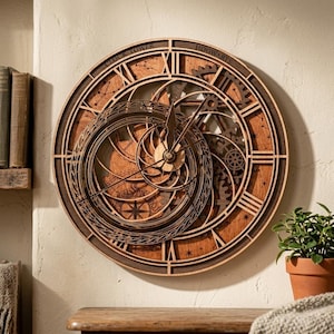 May include: A circular wooden wall clock featuring a complex layered design with exposed gears, Roman numerals, and celestial patterns. The top rim is engraved with the text CLOCK TOWER HOGWARTS. The clock has dark and light wood tones with central hands.