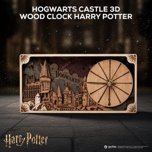 May include: A wooden clock featuring a 3D depiction of Hogwarts Castle. The clock face is a circular design with wooden spokes. The words "Hogwarts Castle 3D Wood Clock Harry Potter" are at the top. The Harry Potter logo is at the bottom.