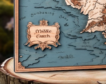 Mapa de la Tierra Media - Regalo para amantes de los libros de El Señor de los Anillos con detalles de La Comarca - El viaje de Frodo y diseño 3D de madera hecho a mano