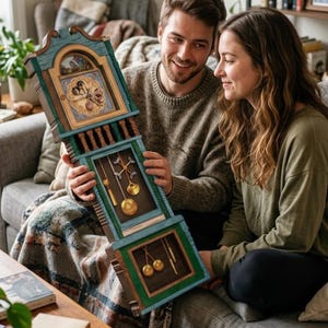 Puede incluir: Un reloj decorativo de madera con una combinación de colores turquesa y marrón. El reloj presenta una esfera detallada, un péndulo y pesas. El reloj está siendo sostenido por dos personas. Las dimensiones del reloj son de aproximadamente 76 cm de altura.