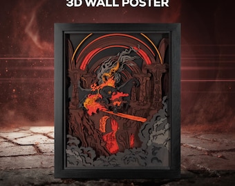 Póster 3D de El Balrog - Regalo épico de El Señor de los Anillos - Arte de pared en madera con grabado láser