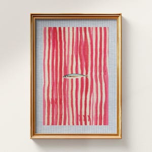 Printable Sardines Art, Pink Striped Wall Art, Colorful Decor for Girl Bedroom