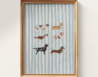 Blue Striped Dog Wall Art, Gallery Wall for Pet, Whimsical Dog Breeds