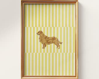 Golden Retriever Wall Art, Gallery Wall Pet, Yellow Stripes Background, Digital Download
