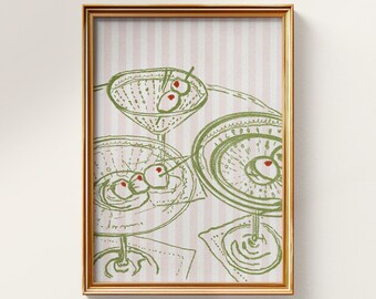 Green Martini Cocktail with Olives,  Feminine Bar Art, Stripes Background, Digital Download