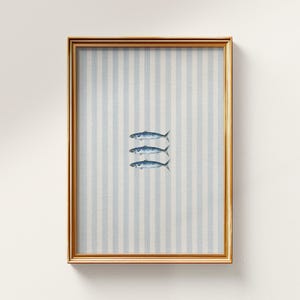 Arte mural digital de sardinas azules, estampado a rayas, decoración para apartamento de niña, pared de galería
