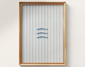 Blue Sardines Digtial Wall Art, Striped Print, Girl Apartment Decor, Gallery Wall