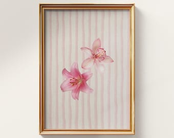 Pink Floral Print – Striped Botanical Wall Art for Girls’ Room, Digital Download
