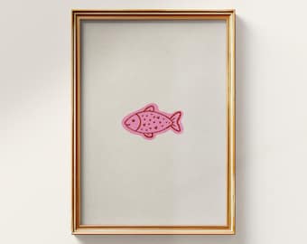 Pink Fish Art with Hearts, Neutral Background, Girl Apartment Print, Digital Download