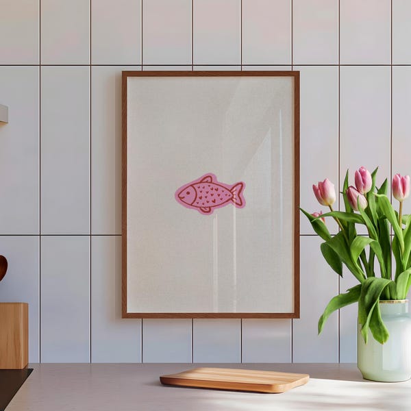 Pink Fish Minimalist Wall Art – Cute Scandinavian Print for Kids Room, Bathroom or Kitchen Decor, Modern Playful Illustration Download