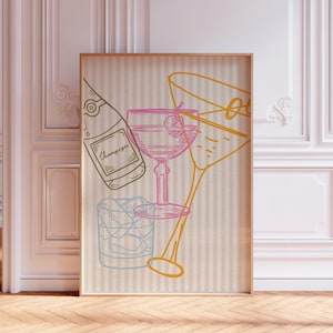 Colorful Cocktail Print, Stripes Wall Art Print, Bar Cart Decor, Kitchen Wall Art, Alcohol Prints, Minimalist, Digital Download
