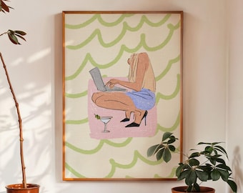 Working Girl Wall Art, Laptop Girl Print, Feminine Office Decor, Digital Download