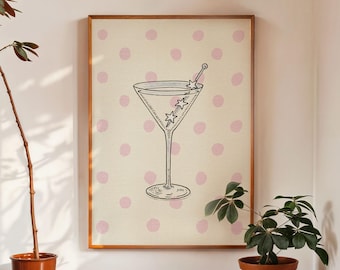 Cocktail Print Art, Martini with Stars, Bar Poster Art, Pink Polka Dots, Digital Download