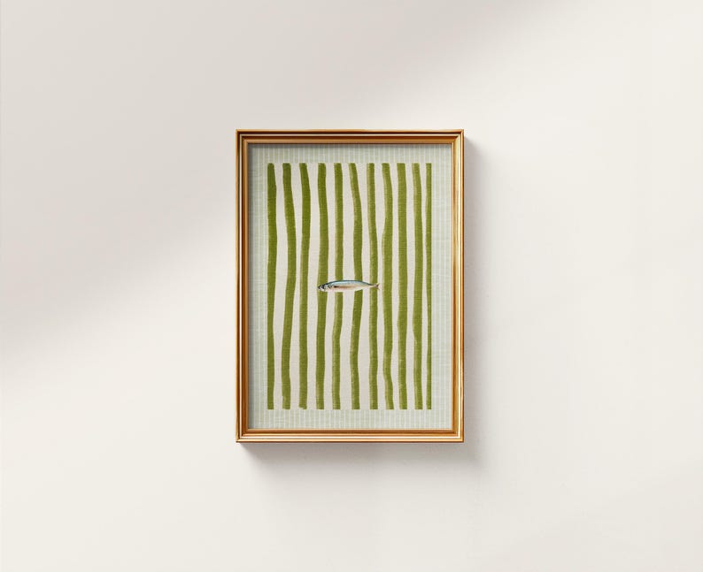 Sardines Print – Fun Olive Green Wall Art with Green Stripes, Digital Download image 1