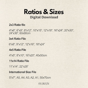 K&ouml;nnte beinhalten: Eine digitale Download-Informationstabelle mit dem Titel Ratios & Sizes. Sie listet Dateiverh&auml;ltnisse wie 2x3, 3x4, 4x5, 11x14 und International Size auf und f&uuml;hrt verschiedene Ma&szlig;e in Zoll und Zentimetern auf, wie 4x6, 8x10, 16x24 und 50x70cm.