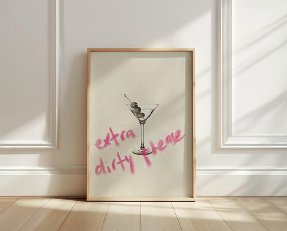 Extra Dirty Martini Cocktail Print, Retro Pink Wall Art Bar, Martini Poster, Digital Download