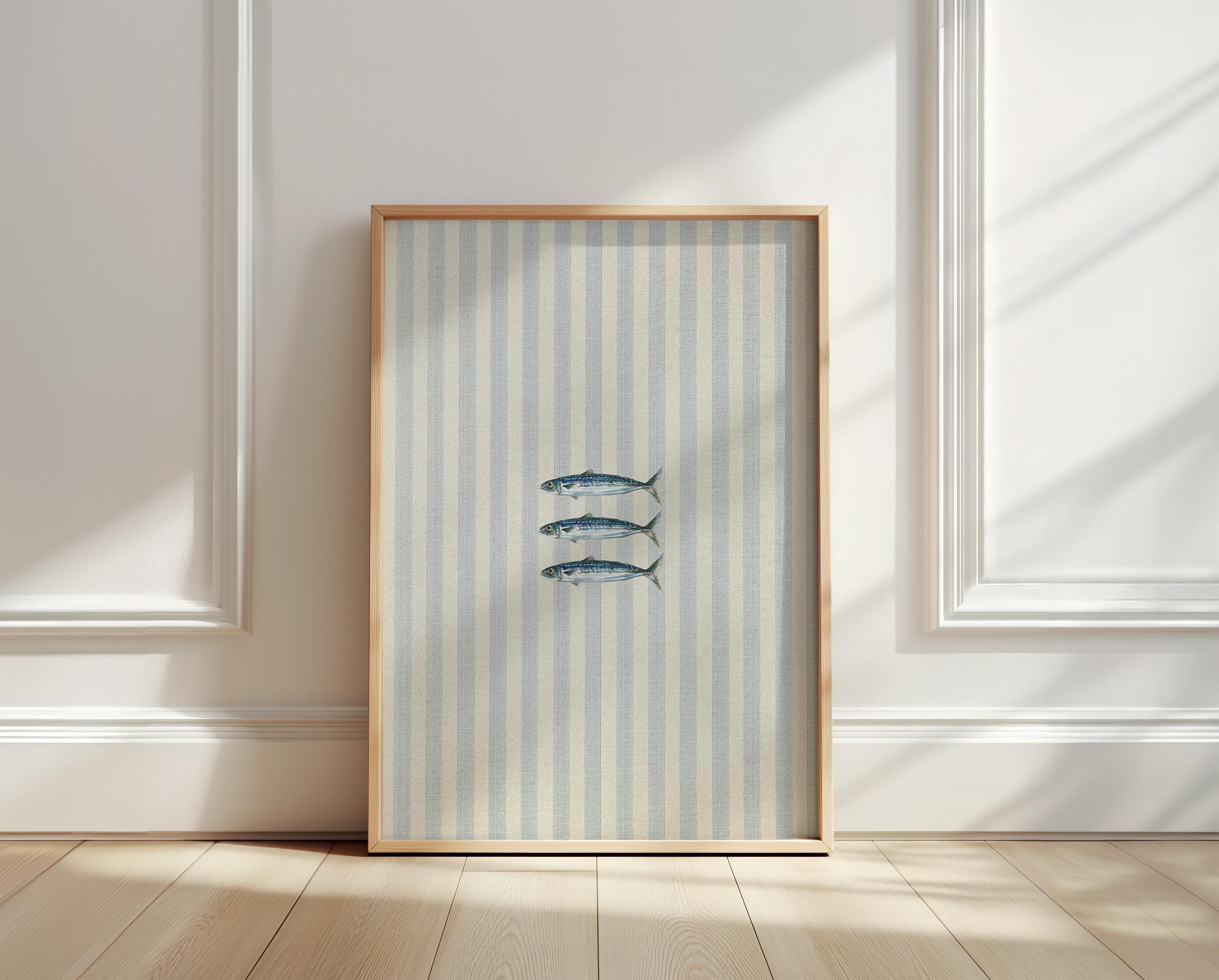 Blue Sardines Art Print, Stripes Wall Art, Kitchen Fun Art, Sardines Poster, Kitchen Food Poster, Digital Download