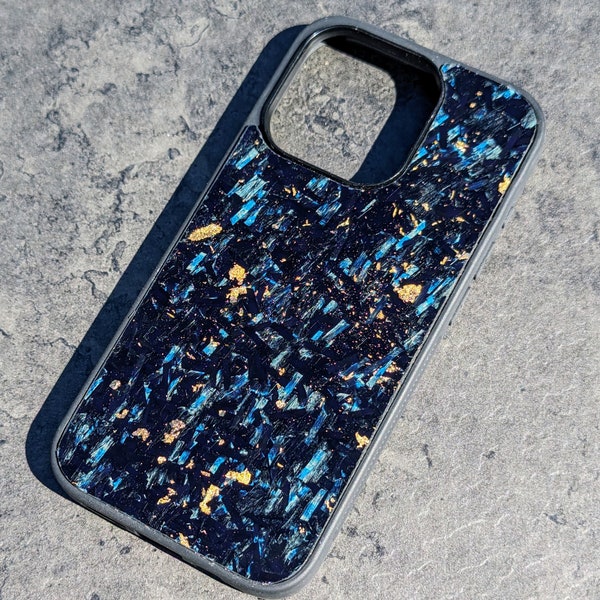 Blue Forged Carbon Fiber Phone Case with Gold Flake | Handmade Real Colored Carbon Fiber | iPhone 15, 15 Pro, 15 Pro Max, 14Pro, 14ProMax,13