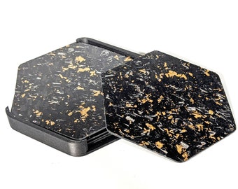 Forged Carbon Fiber Coasters with Gold Flake | Set of 4 with storage caddy