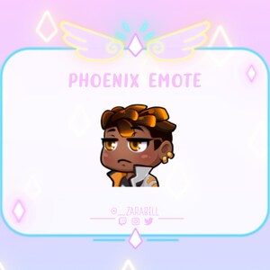 Puede incluir: Emoticón digital de Phoenix con un personaje de dibujos animados de piel morena y cabello castaño oscuro, que lleva una chaqueta naranja y blanca. El texto "PHOENIX EMOTE" está encima del personaje. Fondo degradado pastel con elementos decorativos.
