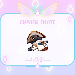 May include: A cartoon illustration of a character from the video game Valorant, Cypher, wearing a white and brown outfit with a black mask. The character is holding a gun and has a surprised expression on their face. The image is set against a pink and blue background with a white border and the text "Cypher Emote" at the top.