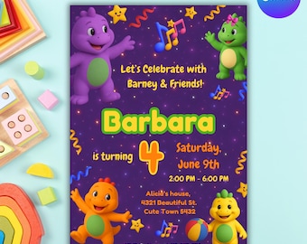 Barney Birthday Invitation: Purple Dinosaur invitation template, Editable in Canva
