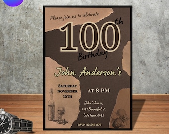 100th Birthday Invitation Template: Hundredth Men Party, Elegant Centenary Party (Canva Editable)