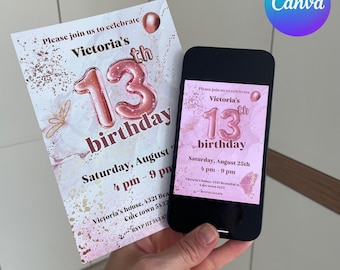 13th Girl Birthday Invitation: Thirteen Birthday Invite, Official Teenager 13 Party, (Editable Canva Template)