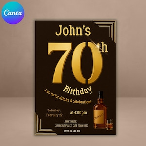 Invitación de 70 cumpleaños para hombres, plantilla de invitación para 70 cumpleaños de hombres, invitación digital para fiesta de setenta para él, tarjeta de 70 cumpleaños, editable en Canva