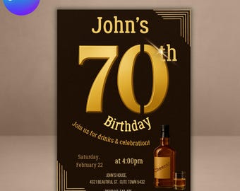 70th birthday invitation for men, Digital seventy party: Editable Canva Design (Digital)