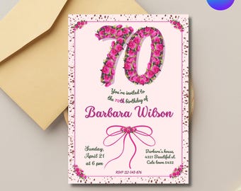 70th birthday invitation for women, digital seventy party, editable in Canva