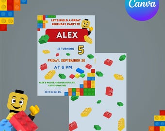 Building Blocks Birthday Invitation Template, Colorful Blocks Bricks Birthday Invitation, Bricks Birthday Party, Editable Canva Template