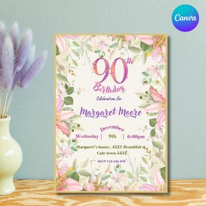 Faire-part 90e anniversaire pour femme, 90e anniversaire, invitation 90e anniversaire pour elle, Look Who's 90, carte 90e anniversaire, modifiable sur Canva