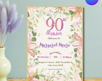 90th Birthday Invitations for Women, Ninetieth Birthday, 90th birthday invite for her, Look Who&#39;s 90, 90th Birthday Card, Editable in Canva